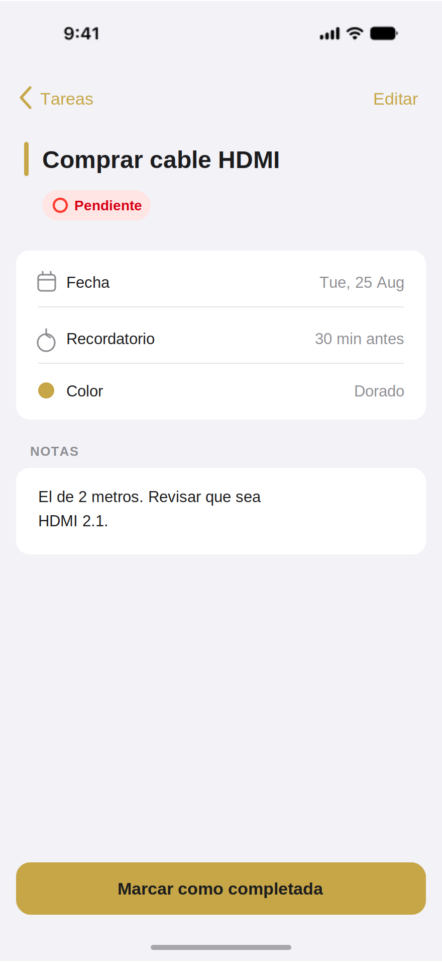 Pantalla de detalle de una tarea en Koto con su color y su fecha