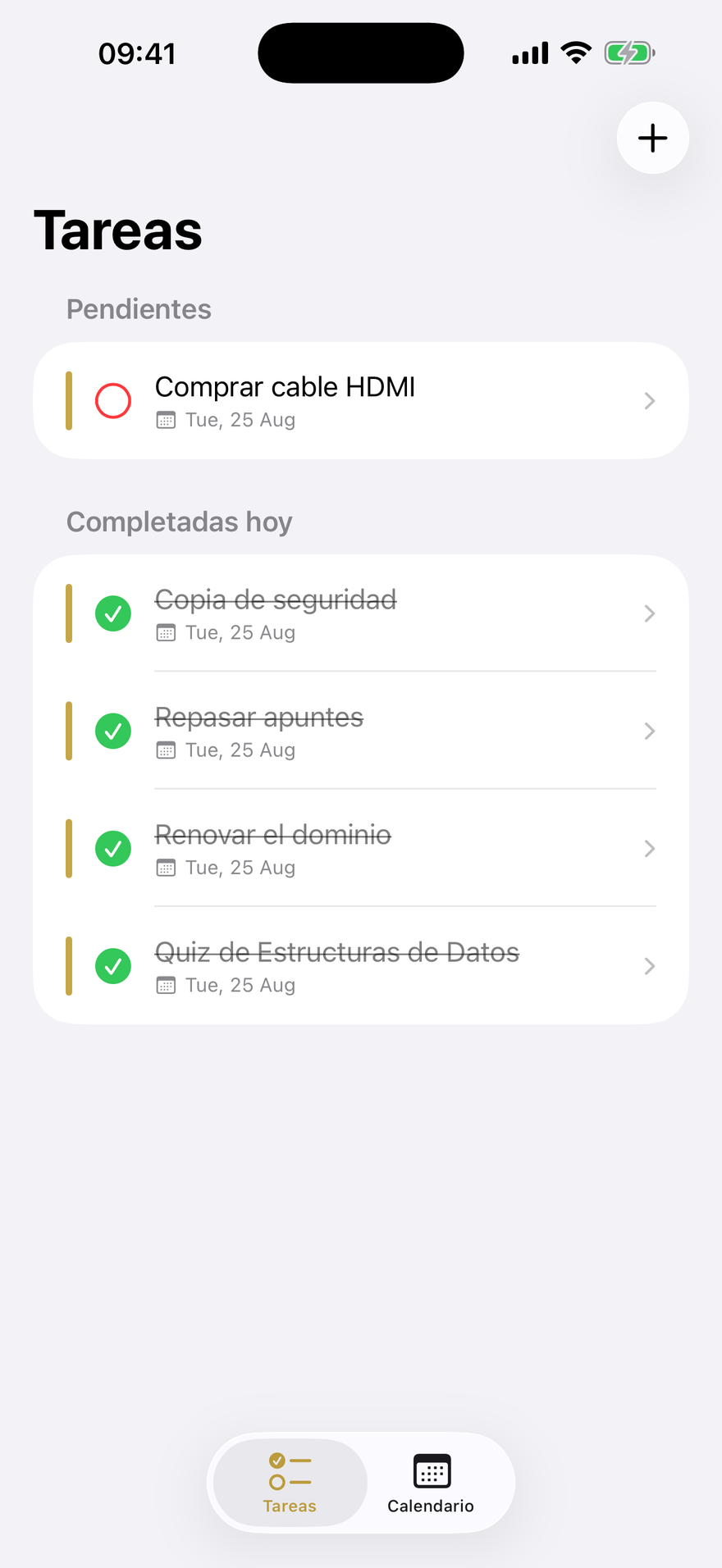 Lista de tareas de Koto con pendientes y completadas del día